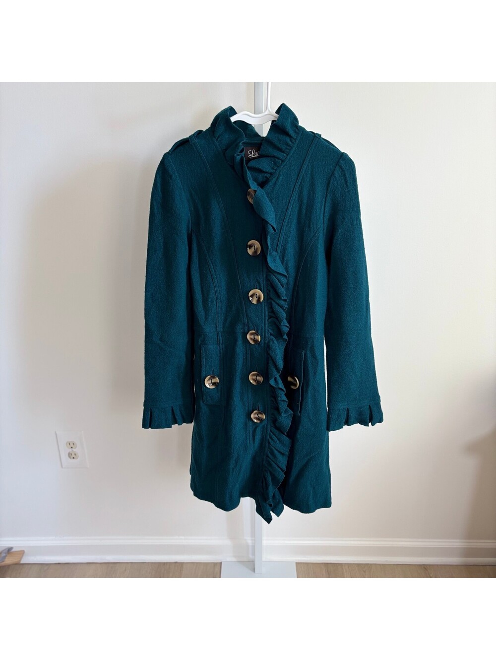 Anthropologie Luii EUC Women's Teal Boiled Wool Ruffle Neckline Long Cardigan S